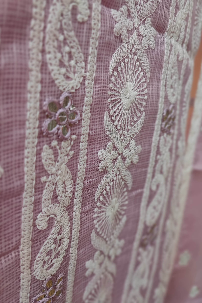 Chic Pink Kota  Suit Set with Bottom and Dupatta - Subtle White Embroidery
