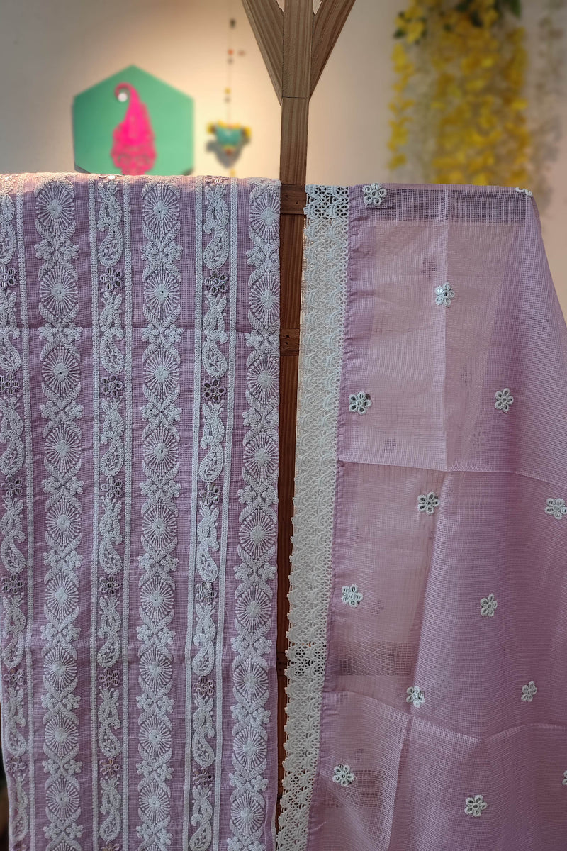 Chic Pink Kota  Suit Set with Bottom and Dupatta - Subtle White Embroidery