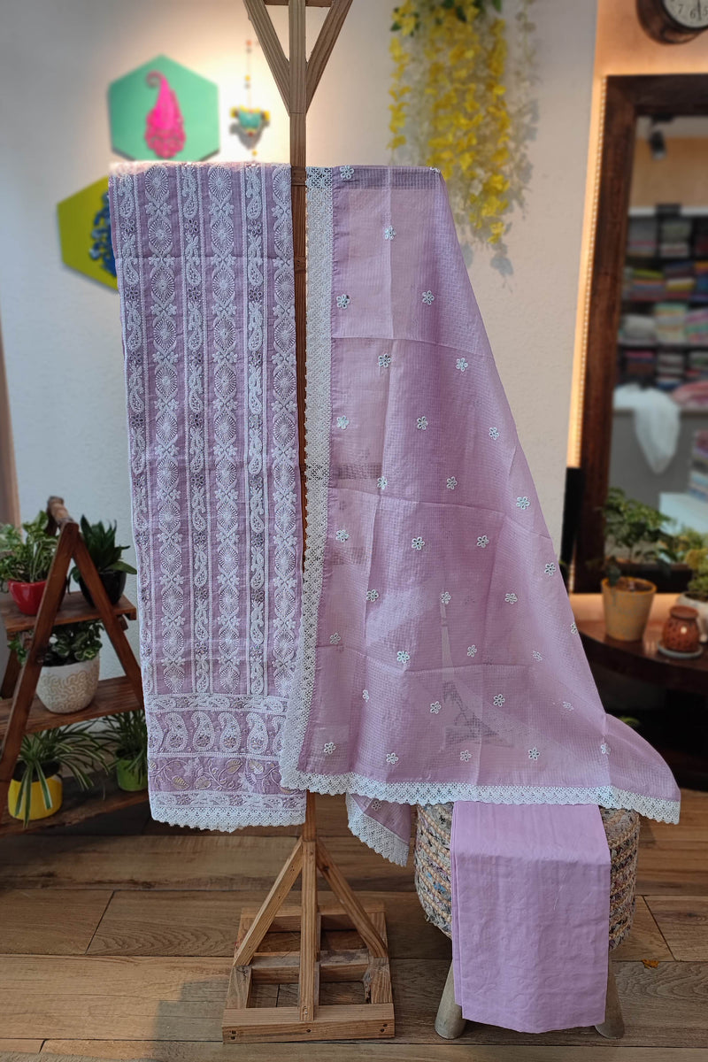 Chic Pink Kota  Suit Set with Bottom and Dupatta - Subtle White Embroidery