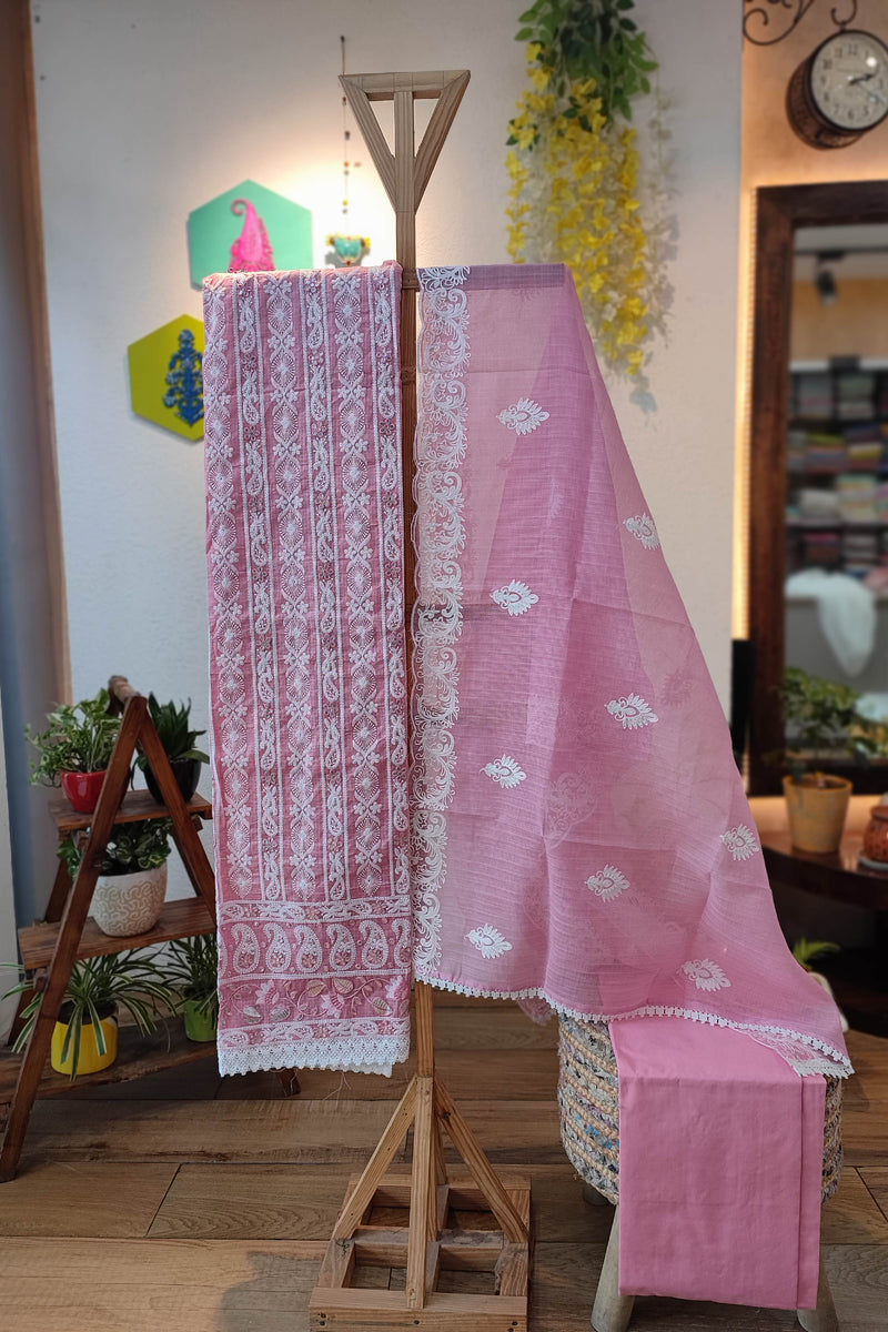 Exquisite Pink Kota Suit Set with Bottom and Dupatta - Detailed White Embroidery