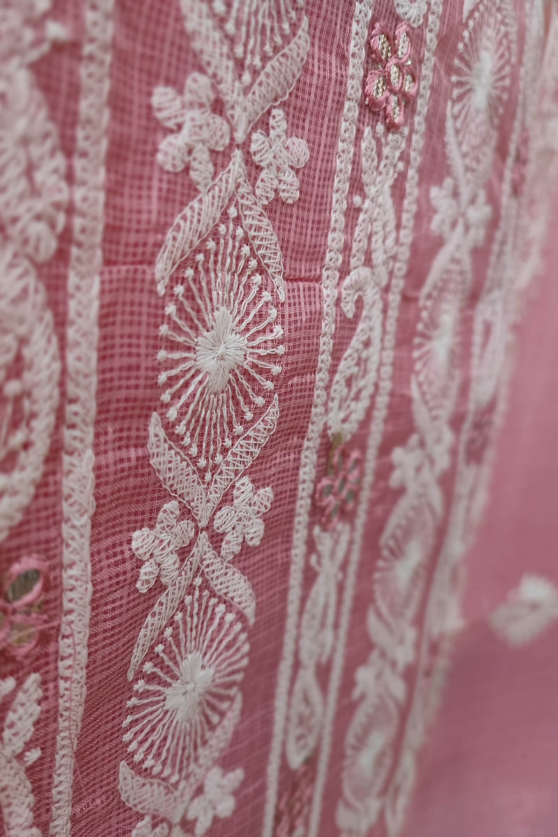 Exquisite Pink Kota Suit Set with Bottom and Dupatta - Detailed White Embroidery