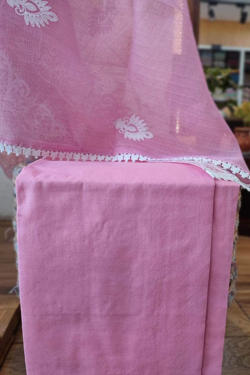 Exquisite Pink Kota Suit Set with Bottom and Dupatta - Detailed White Embroidery