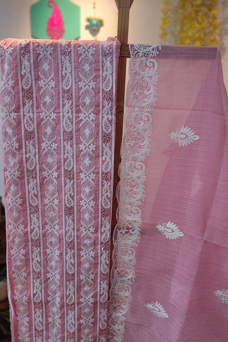 Exquisite Pink Kota Suit Set with Bottom and Dupatta - Detailed White Embroidery