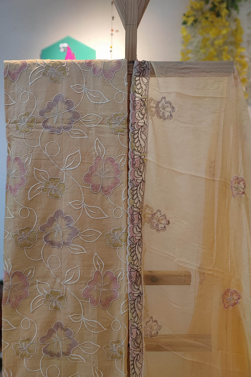 Cotton Suit with cotton Bottom and chiffon dupatta
