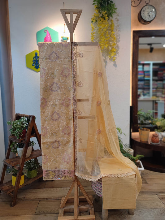 Cotton Suit with cotton Bottom and chiffon dupatta