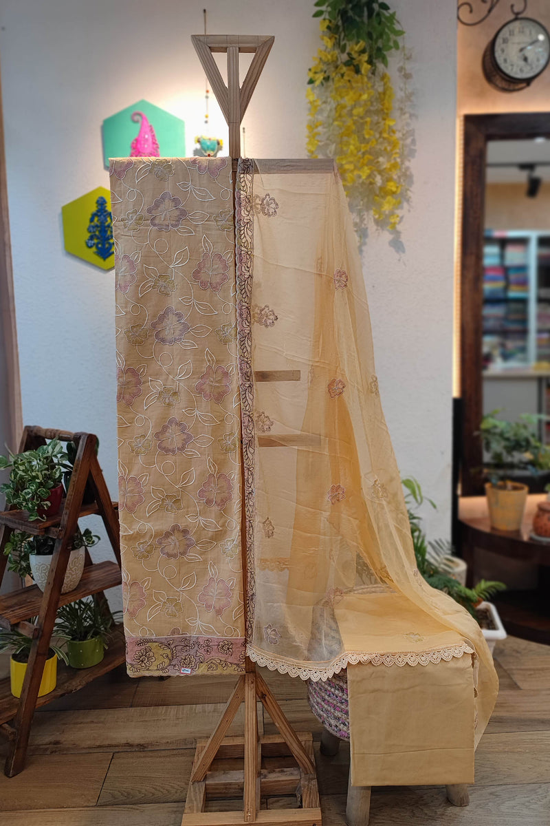 Cotton Suit with cotton Bottom and chiffon dupatta