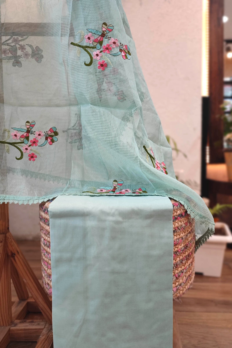 Sky Blue organza kota Suit with cotton bottom and organza kota Dupatta