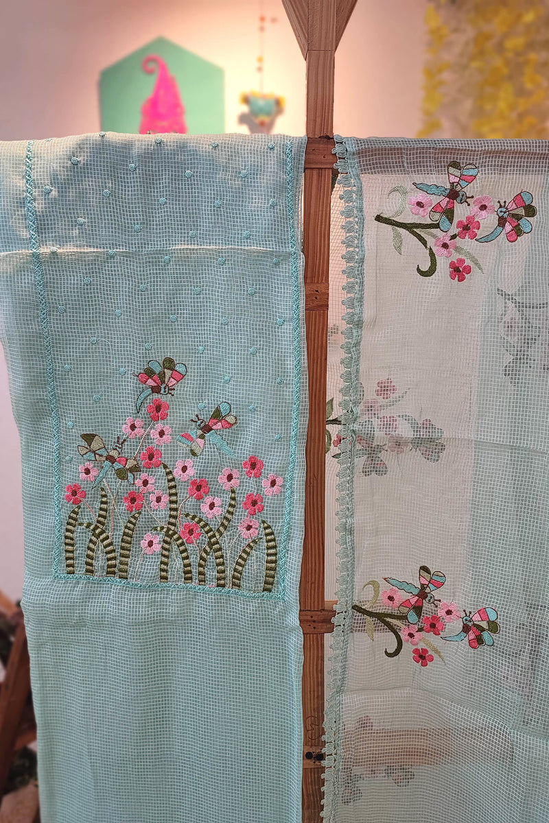 Sky Blue organza kota Suit with cotton bottom and organza kota Dupatta