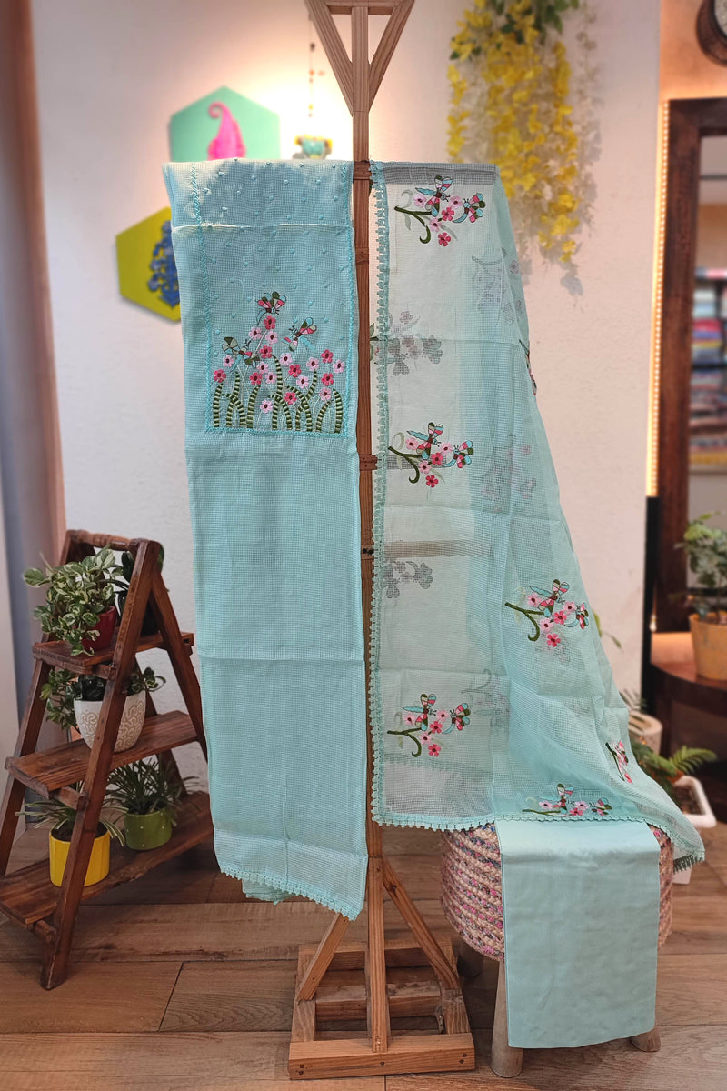 Sky Blue organza kota Suit with cotton bottom and organza kota Dupatta