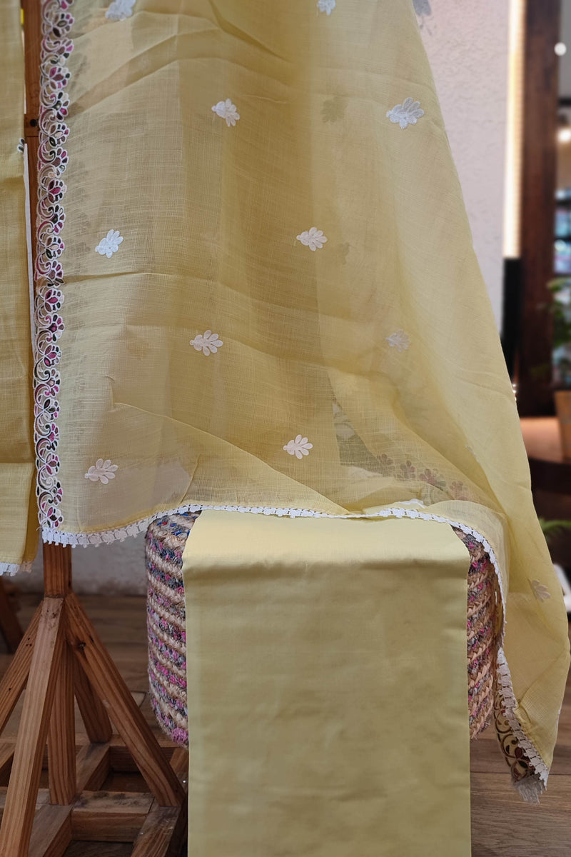 Mustard Yellow Kota Linen Suit with Multicolor Embroidery, Bottom and Dupatta