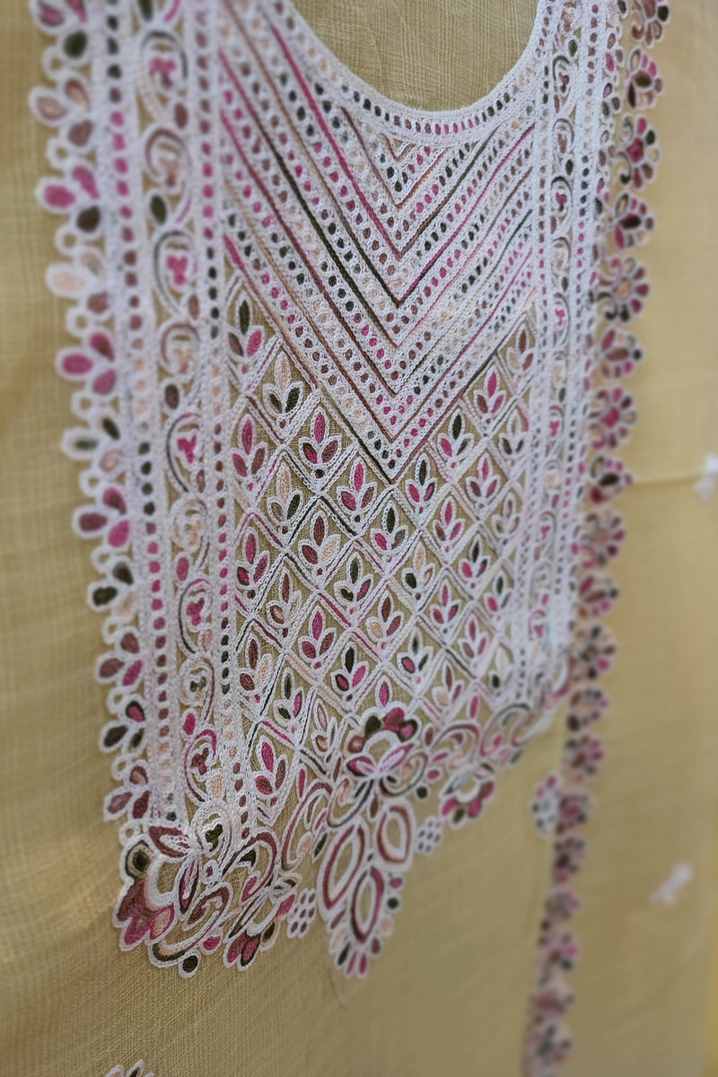 Mustard Yellow Kota Linen Suit with Multicolor Embroidery, Bottom and Dupatta