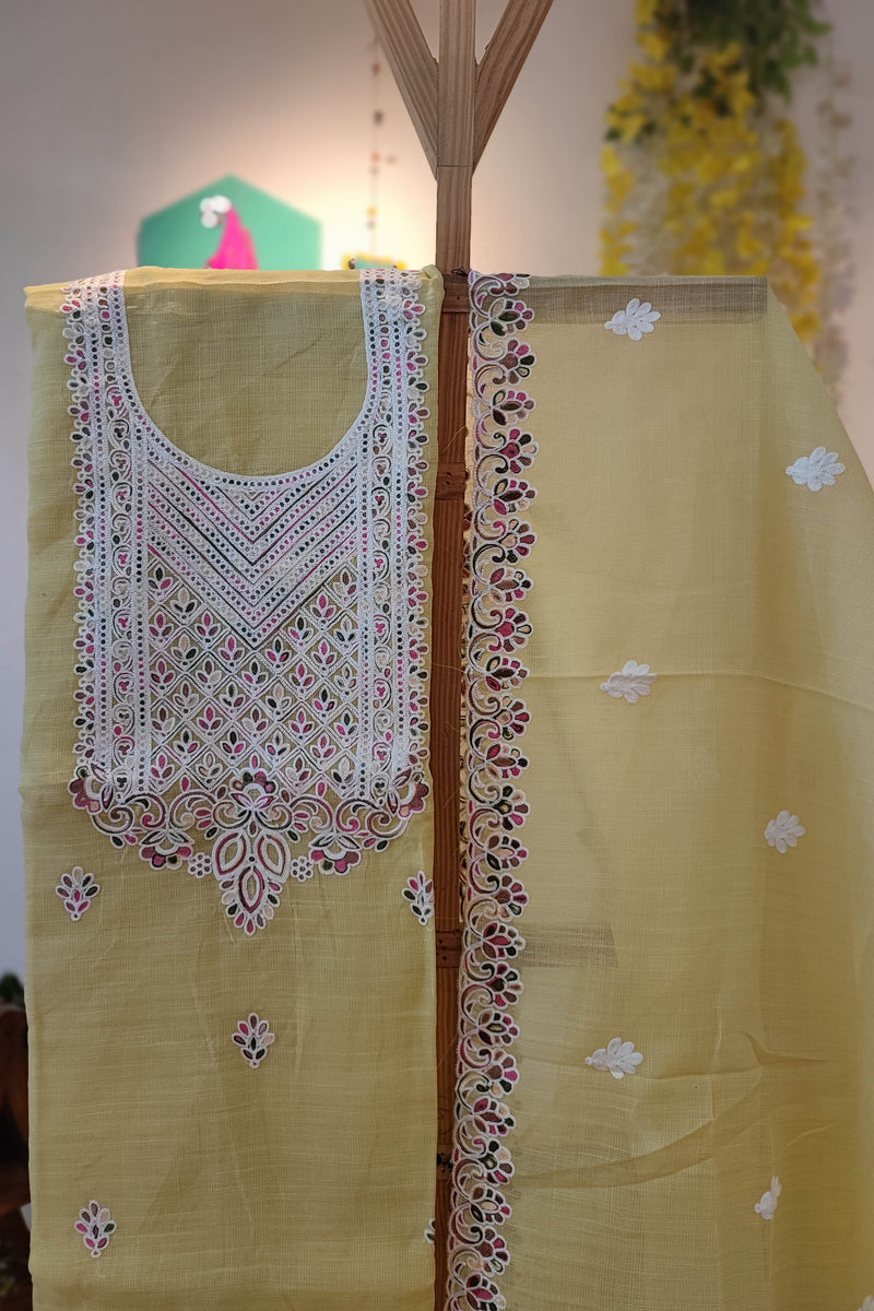 Mustard Yellow Kota Linen Suit with Multicolor Embroidery, Bottom and Dupatta
