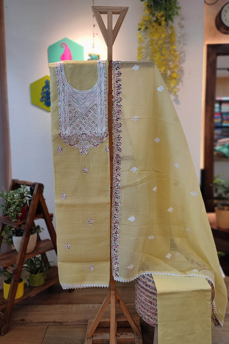 Mustard Yellow Kota Linen Suit with Multicolor Embroidery, Bottom and Dupatta