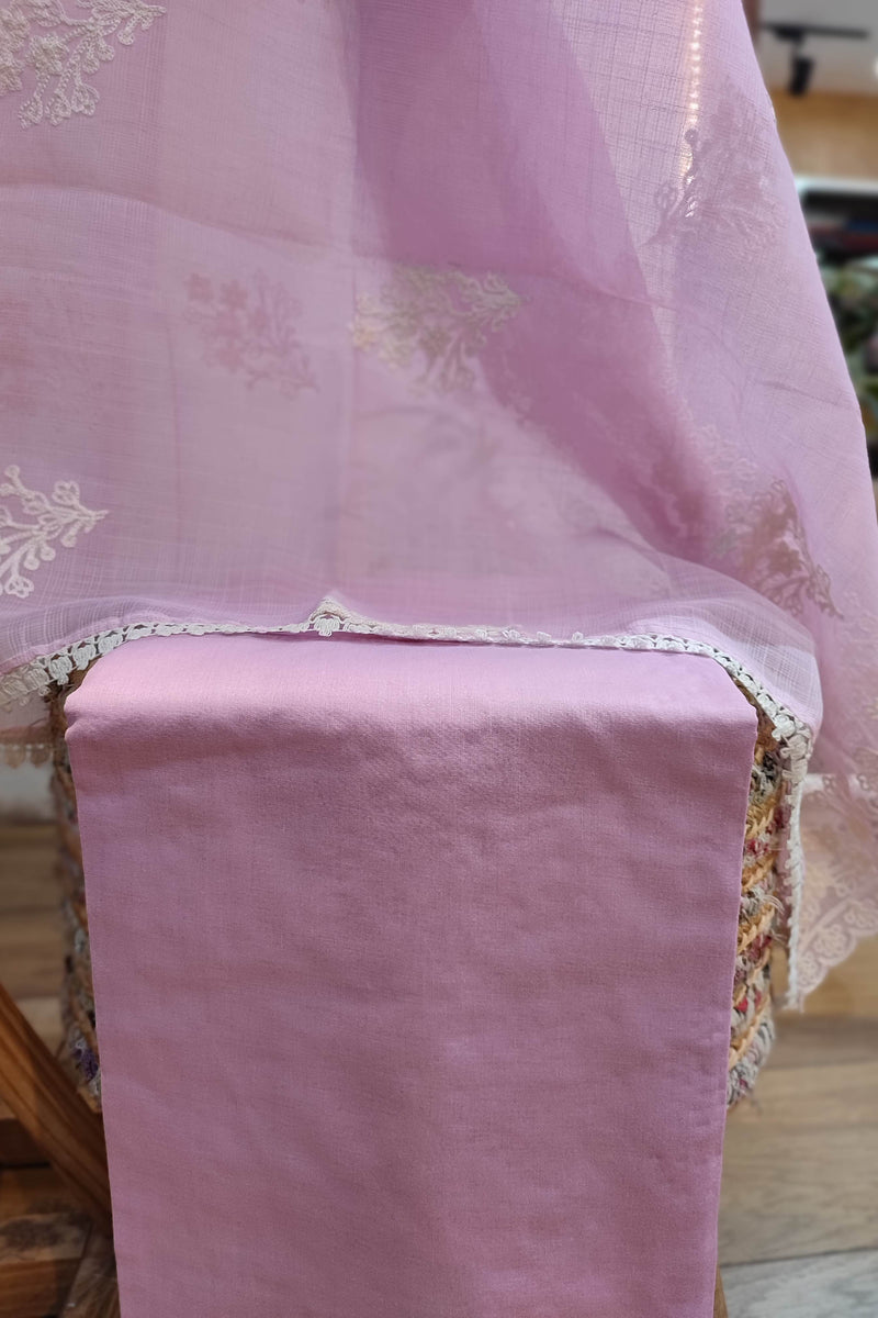 Soft Pink Kota Linen Suit with White Embroidery, Pearl Work, Bottom and kota Dupatta