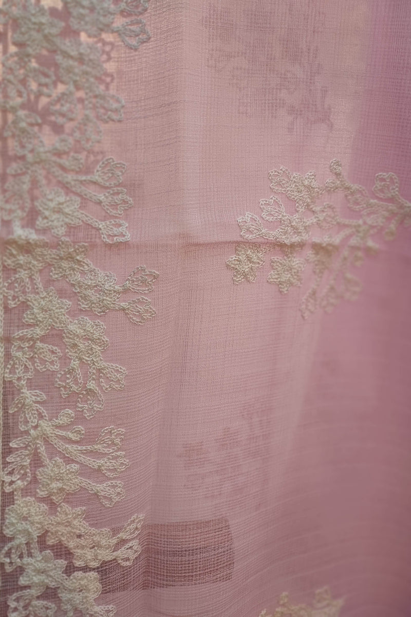 Soft Pink Kota Linen Suit with White Embroidery, Pearl Work, Bottom and kota Dupatta