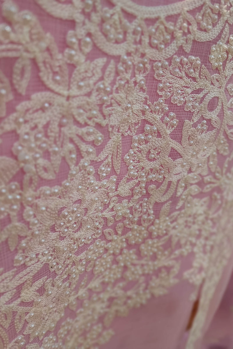 Soft Pink Kota Linen Suit with White Embroidery, Pearl Work, Bottom and kota Dupatta