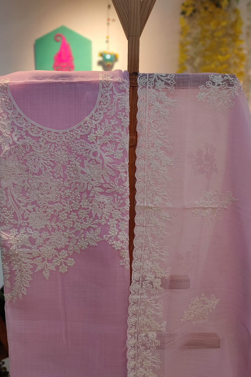 Soft Pink Kota Linen Suit with White Embroidery, Pearl Work, Bottom and kota Dupatta