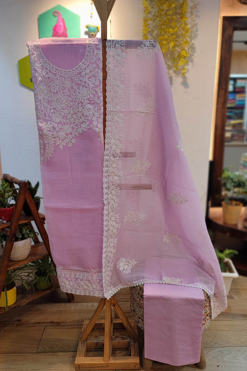 Soft Pink Kota Linen Suit with White Embroidery, Pearl Work, Bottom and kota Dupatta