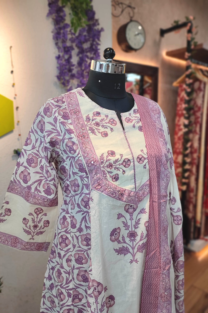Lavender Floral Ready Cotton Kurta with Pant & cotton Dupatta