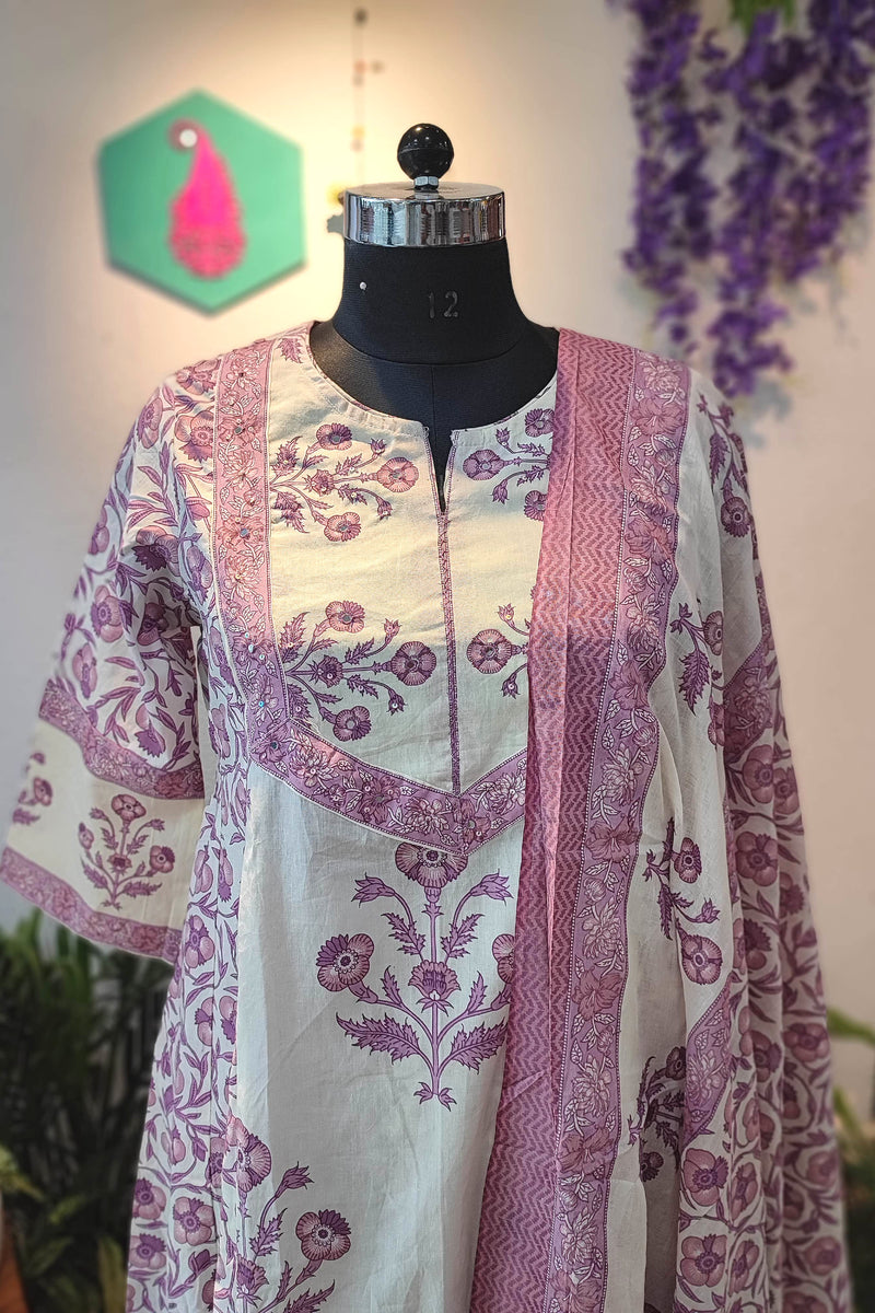 Lavender Floral Ready Cotton Kurta with Pant & cotton Dupatta