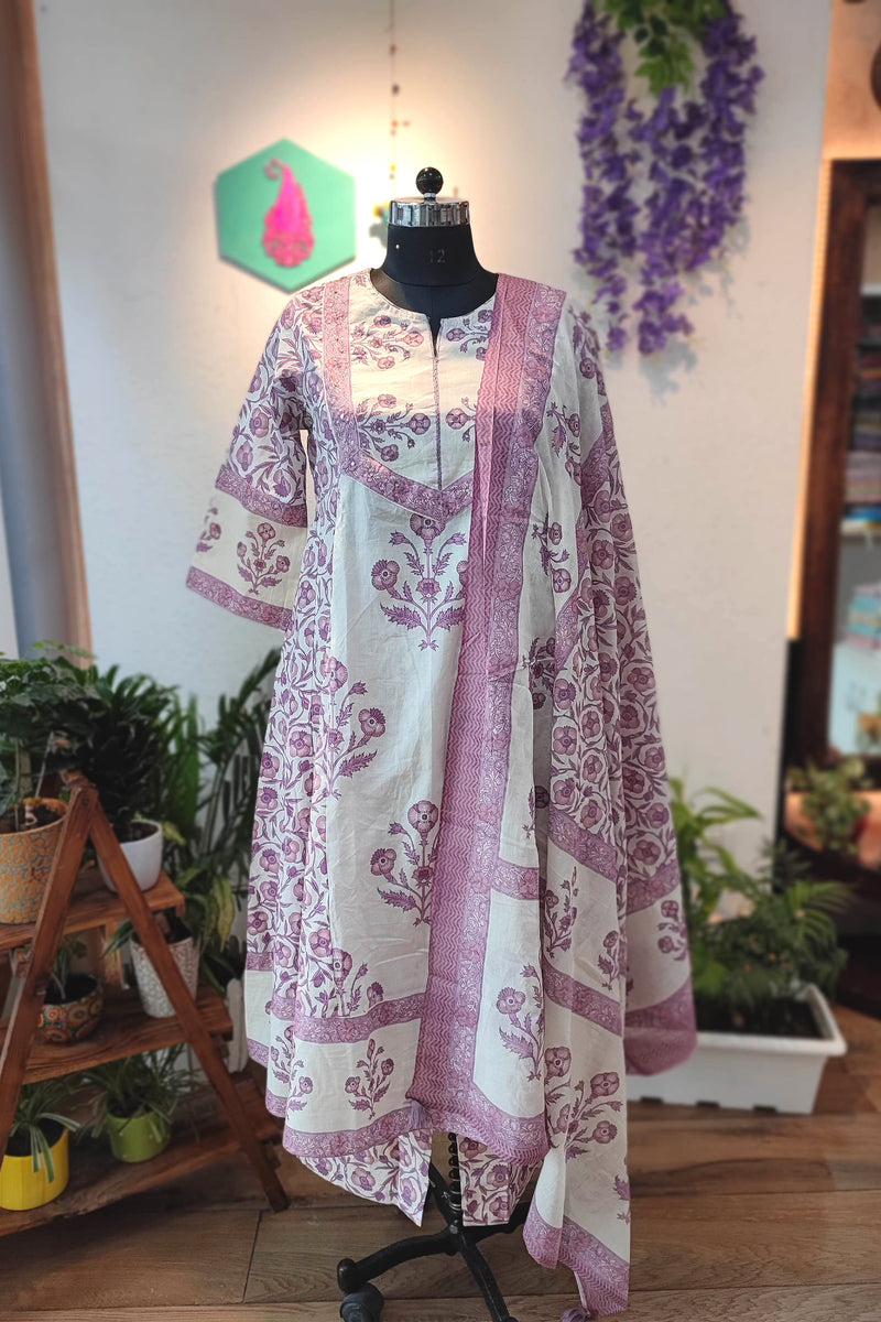 Lavender Floral Ready Cotton Kurta with Pant & cotton Dupatta