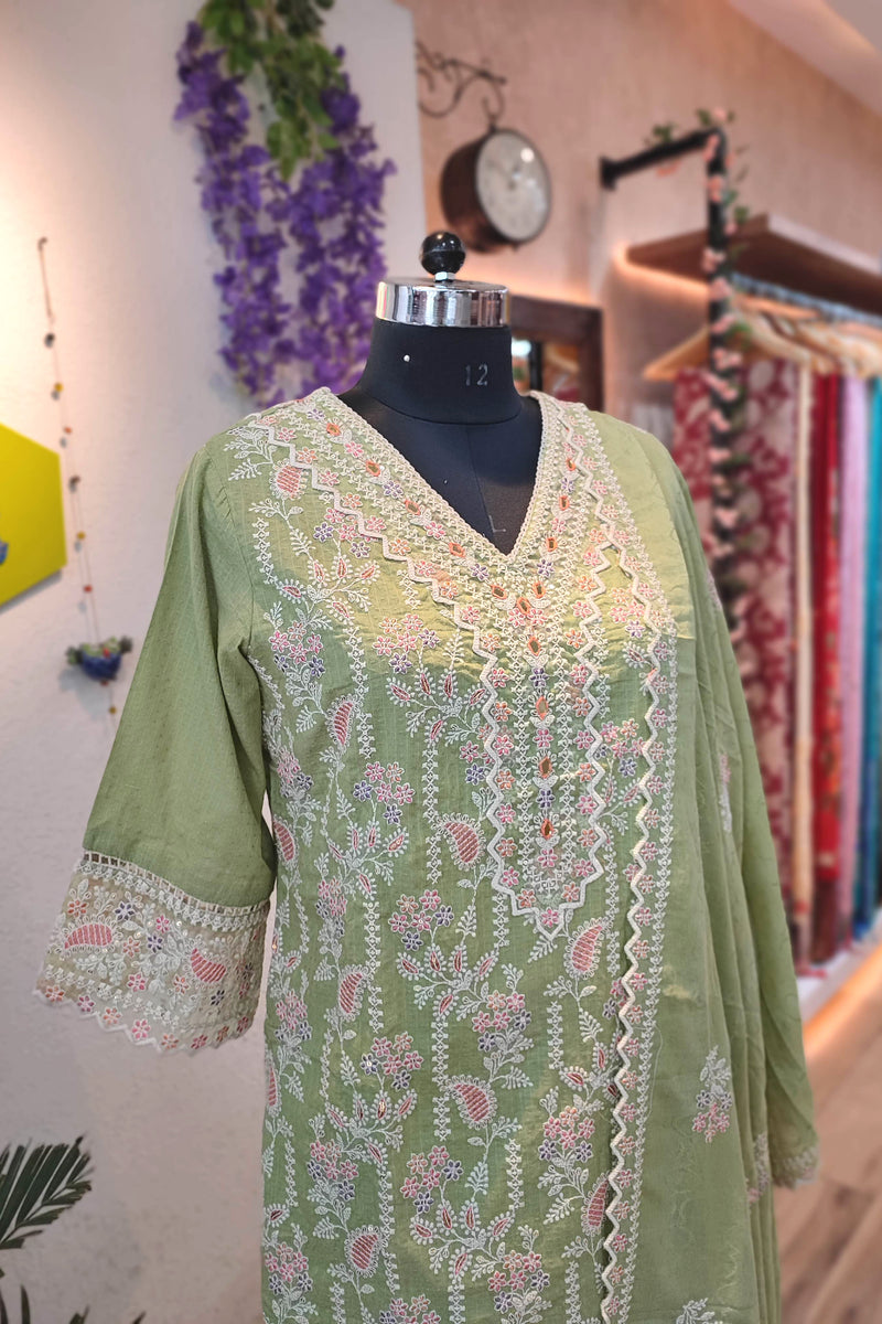 Light Green Soft Cotton Suit with  premium cotton Bottam and cotton dupatta