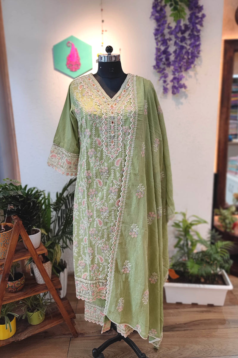 Light Green Soft Cotton Suit with  premium cotton Bottam and cotton dupatta