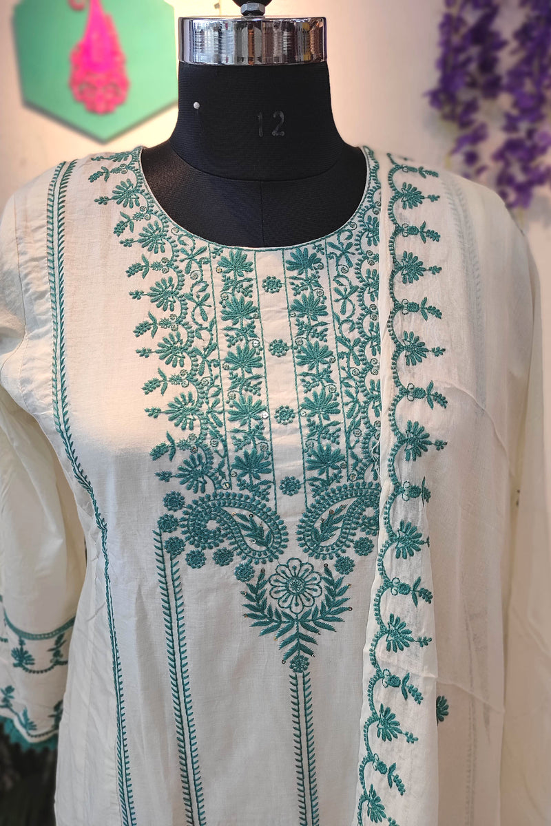 White Cotton Suit sat With cotton & cotton Dupatta