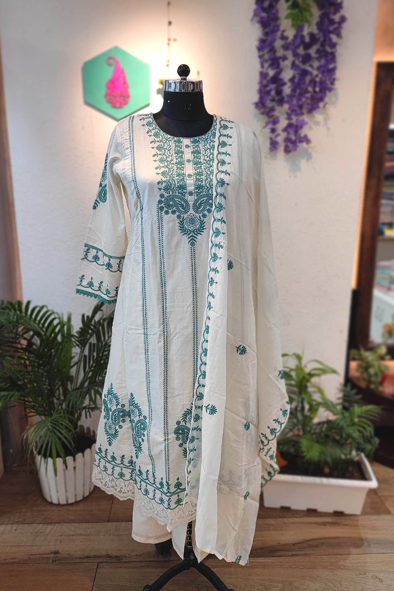 White Cotton Suit sat With cotton & cotton Dupatta