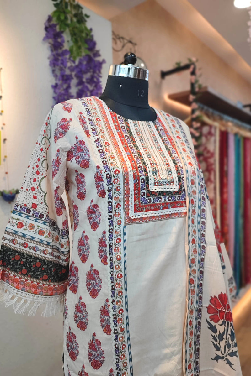 Off-White  Cotton Suit Set with cotton pant & Cotton Dupatta