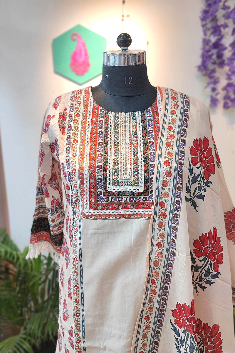 Off-White  Cotton Suit Set with cotton pant & Cotton Dupatta