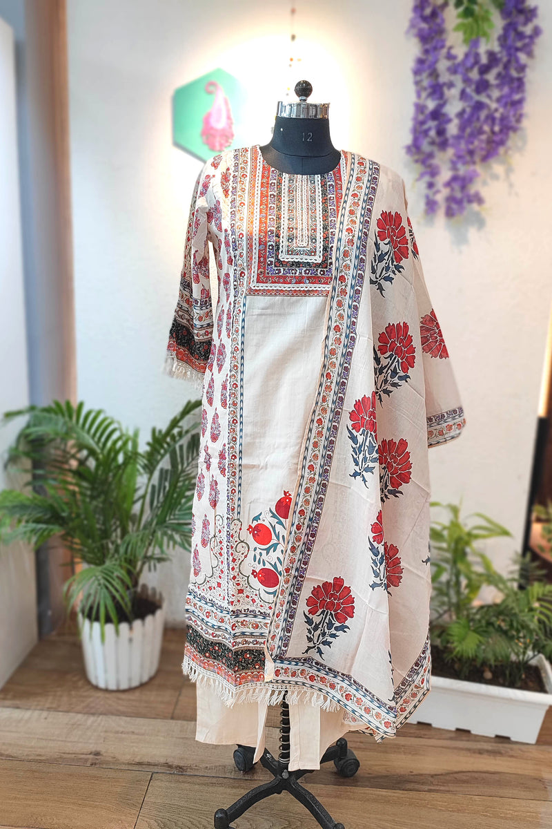 Off-White  Cotton Suit Set with cotton pant & Cotton Dupatta