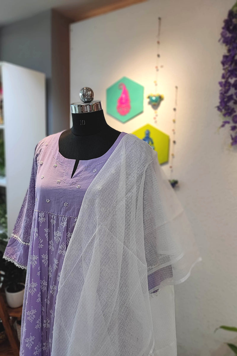 Lavender Cotton Suit with cotton pant & White  Kota Dupatta
