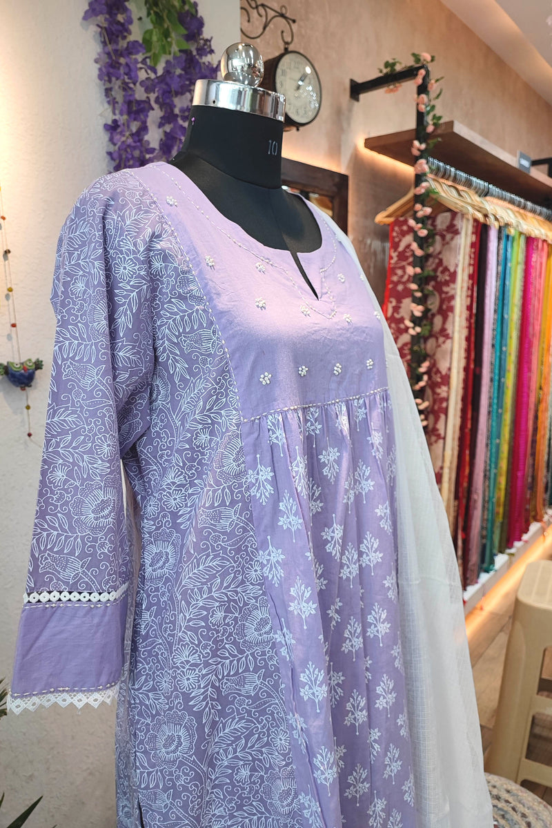 Lavender Cotton Suit with cotton pant & White  Kota Dupatta