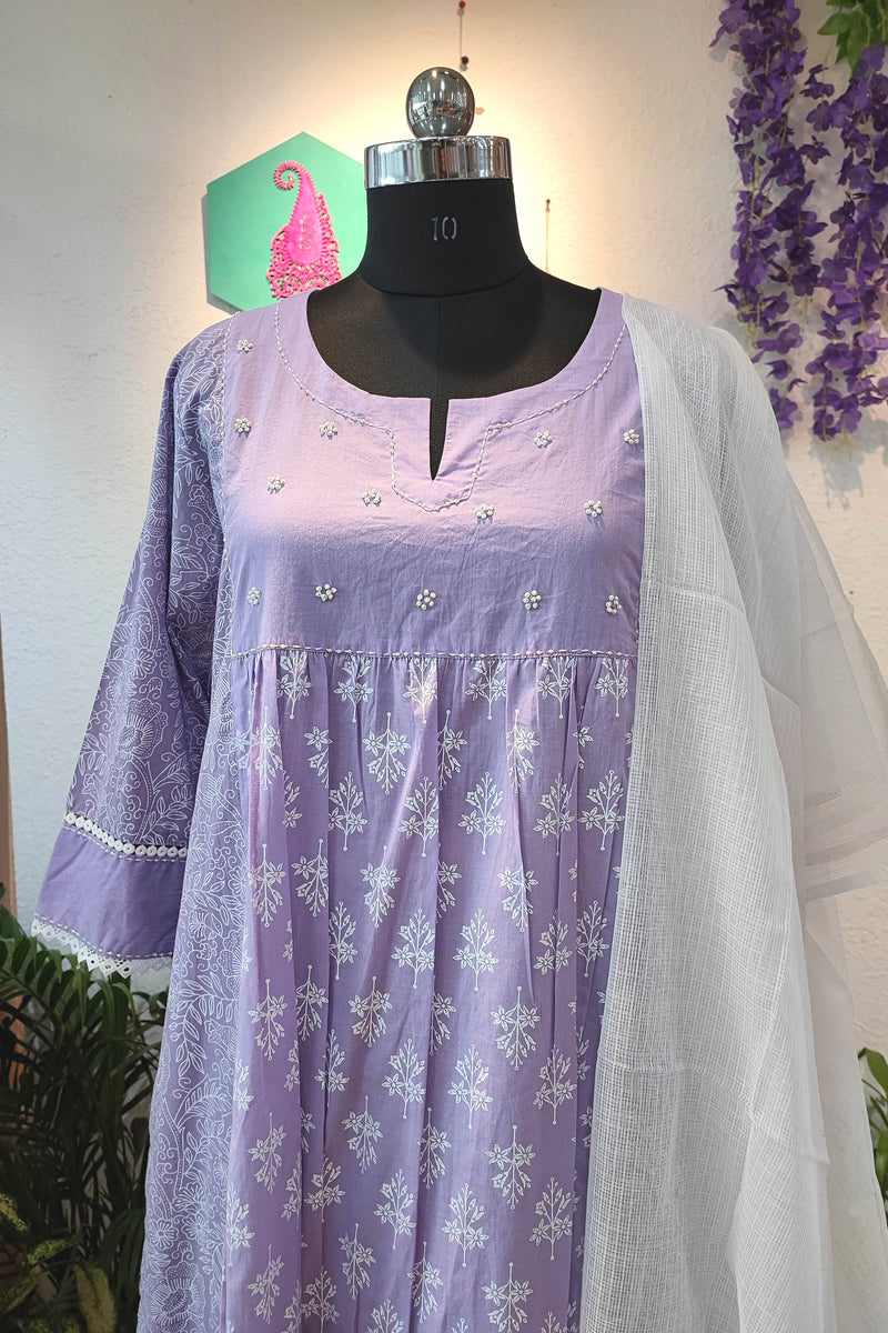 Lavender Cotton Suit with cotton pant & White  Kota Dupatta