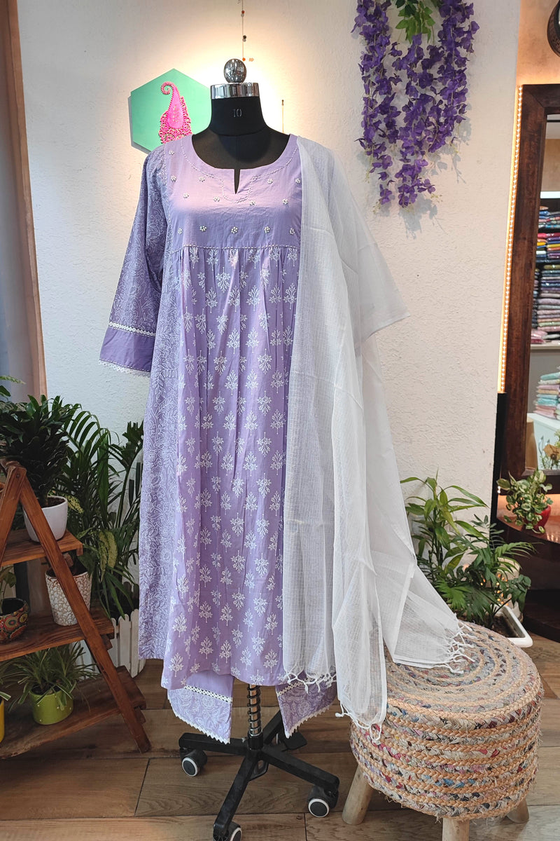 Lavender Cotton Suit with cotton pant & White  Kota Dupatta