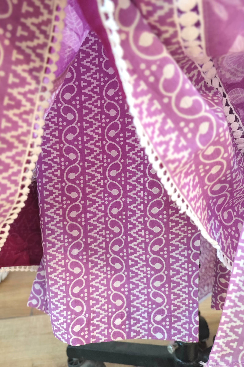 Lavender Pure  Cotton Suit sat with cotton pant and cotton Dupatta