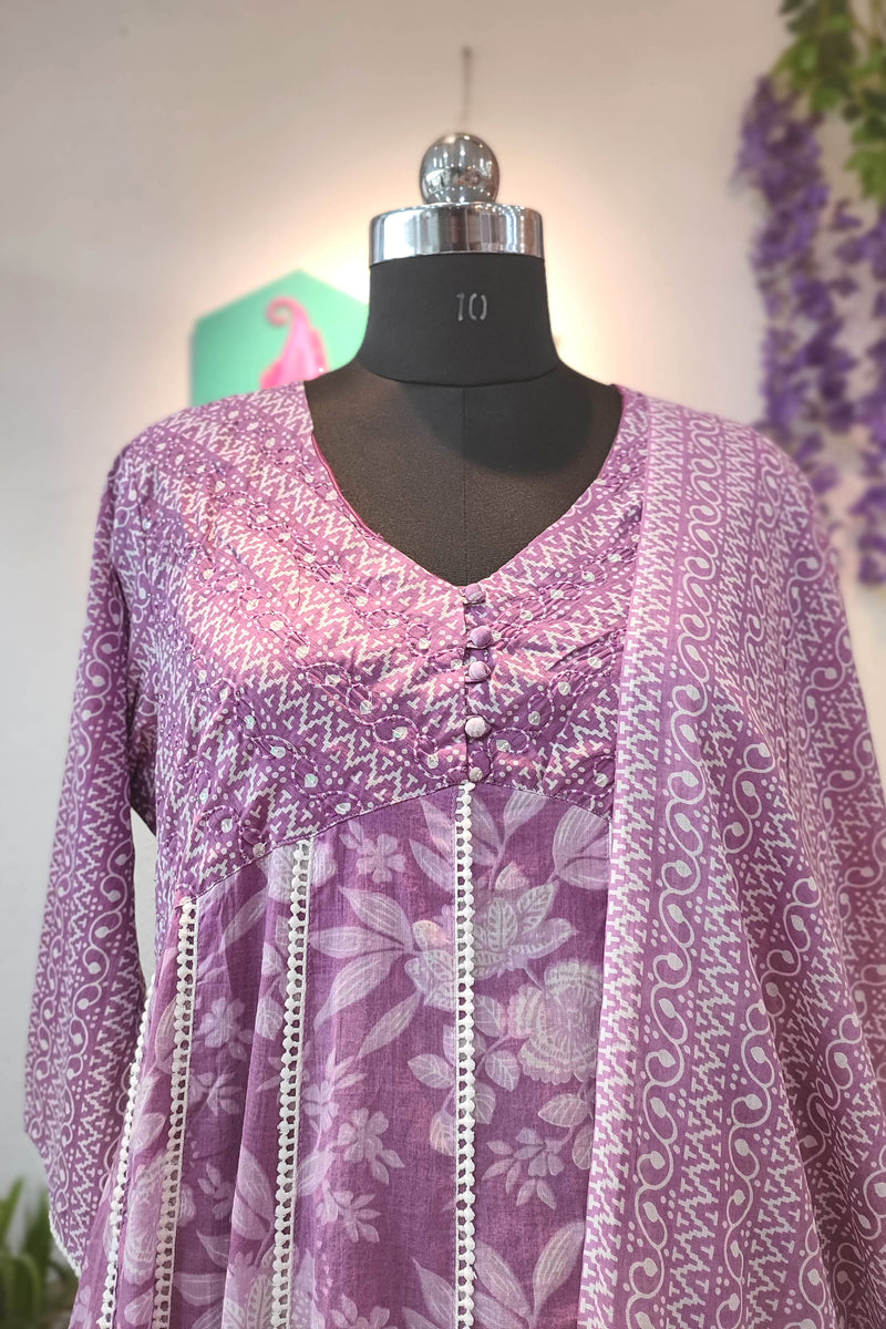 Lavender Pure  Cotton Suit sat with cotton pant and cotton Dupatta