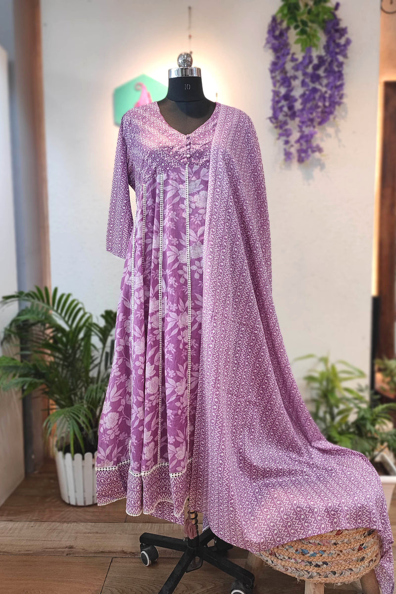 Lavender Pure  Cotton Suit sat with cotton pant and cotton Dupatta