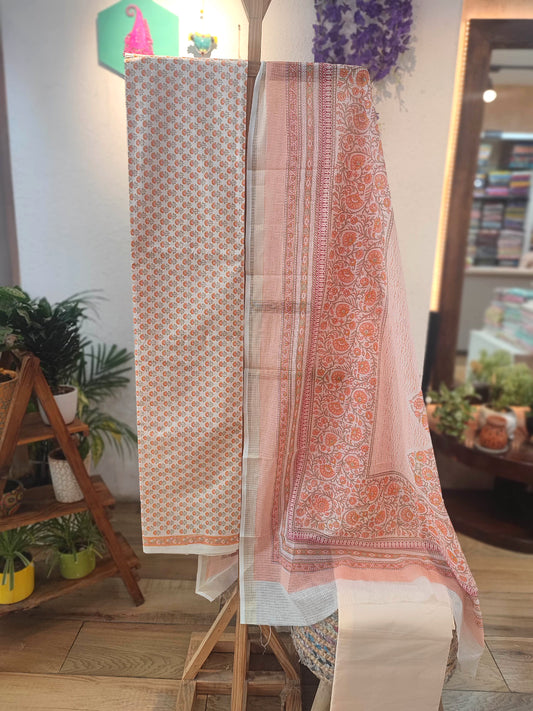Peach Cotton Suit Set with Cotton Bottom and kota Doria Dupatta