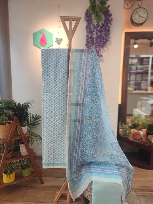 Light Blue Cotton Suit Set with cotton bottom andTeal Floral Kota Doria Dupatta