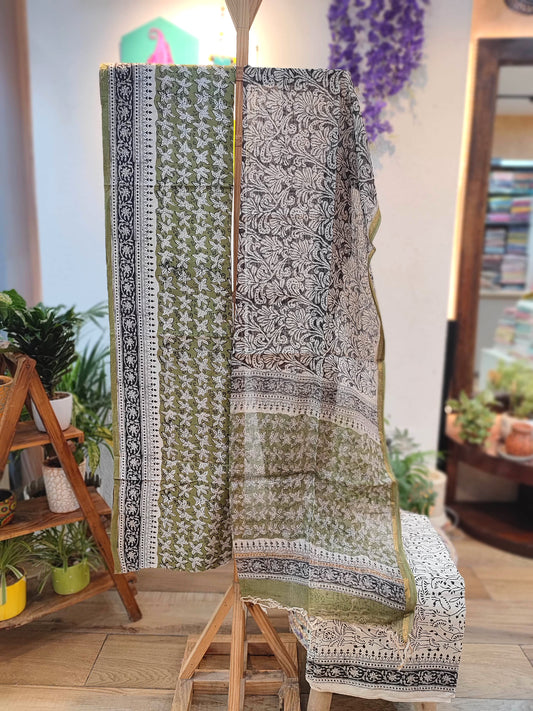 Off-White Black Floral Cotton Suit  with Cotton Bottom &Olive Green Kota Doria Dupatta