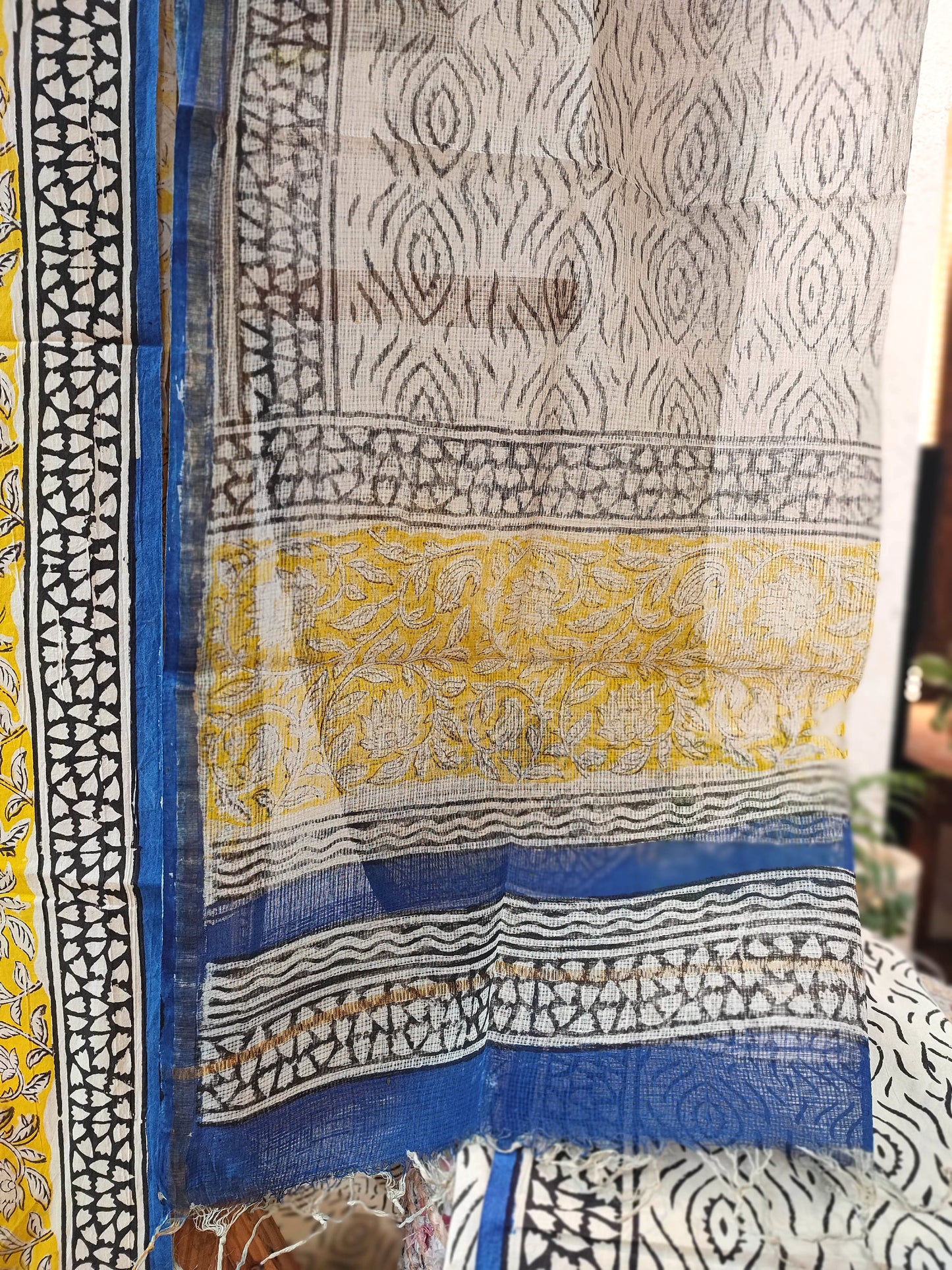 Mustard Geometric Print Cotton Suit with Cotton Bottom & White Kota Doria Dupatta