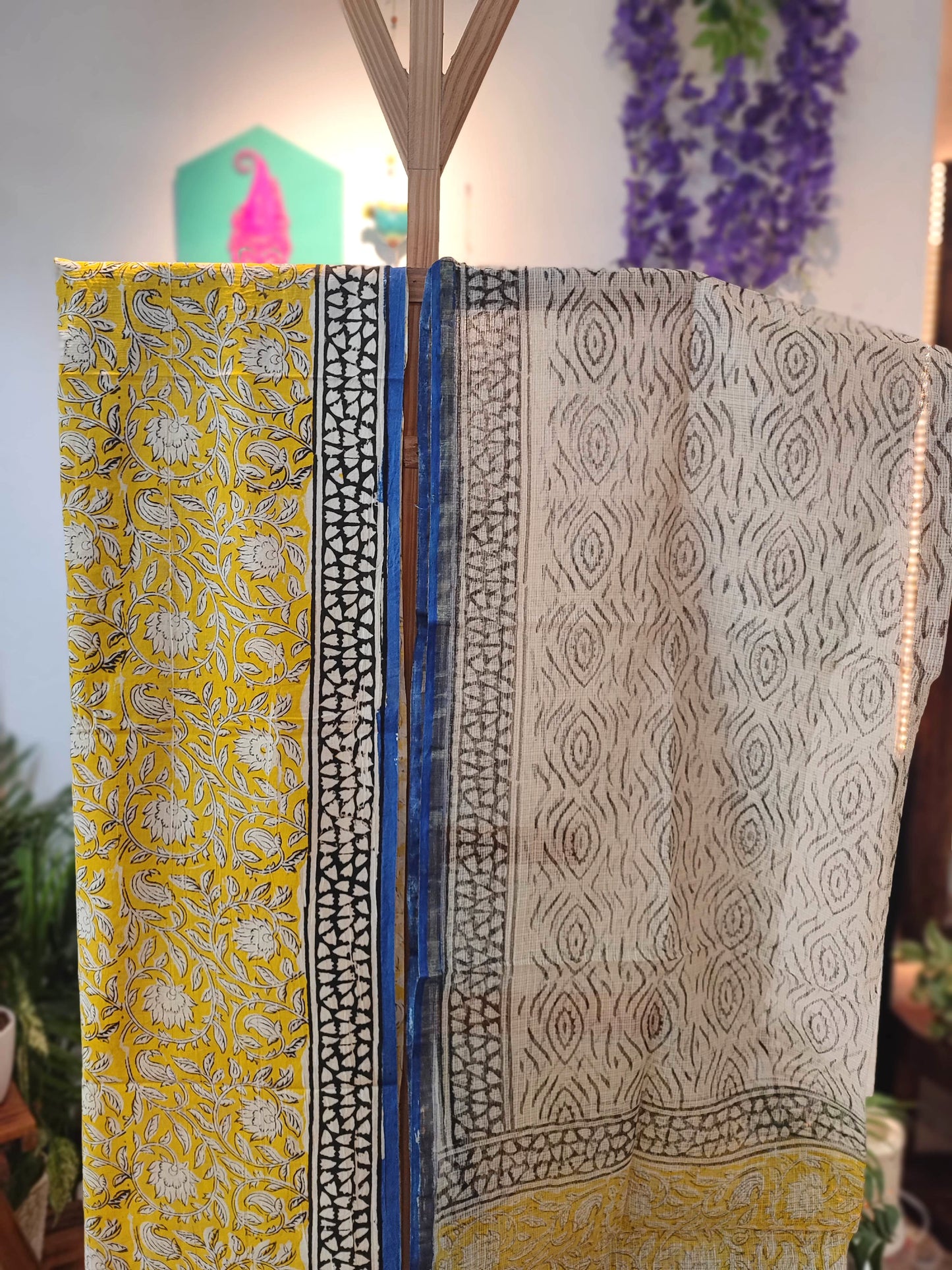 Mustard Geometric Print Cotton Suit with Cotton Bottom & White Kota Doria Dupatta