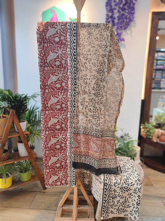 Floral Print Cotton Suit with Cotton Bottom & White-Pink Kota Doria Dupatta