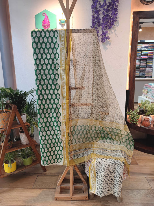 Green Paisley Print Cotton Suit with Cotton Bottom & Kota Doria Dupatta