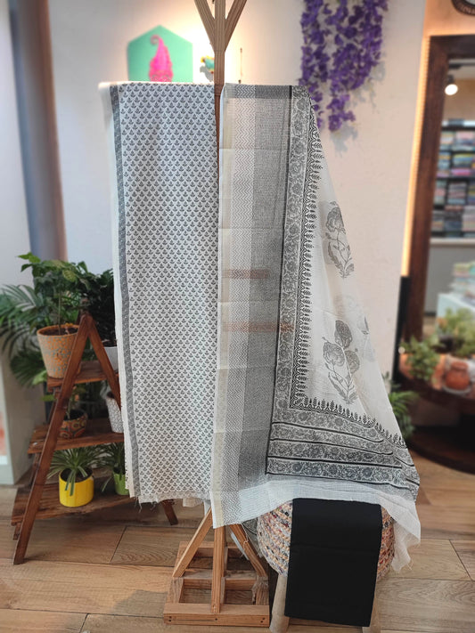Pure Cotton White  Black Geometric and Leaf Print Suit with cotton bottom Kota Doria Dupatta