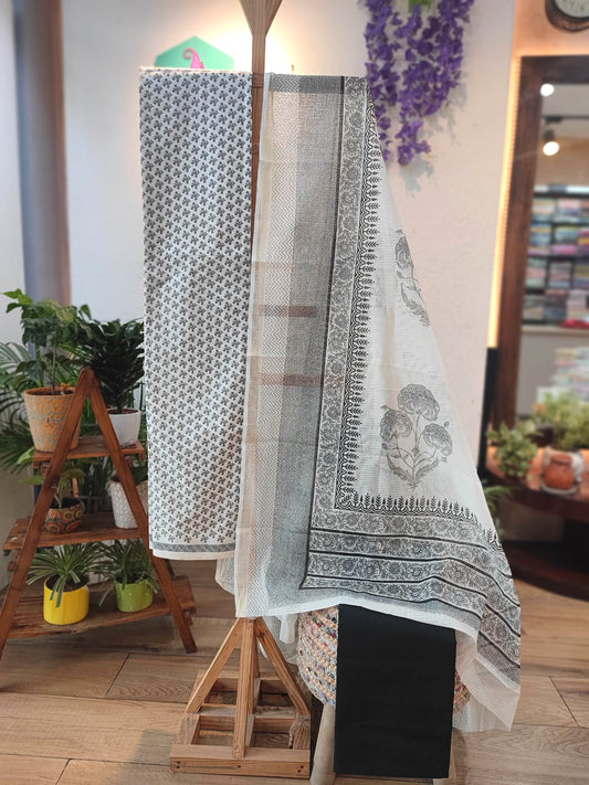 Pure Cotton Black White Striped Suit with Cotton Bottom & Kota Doria Dupatta