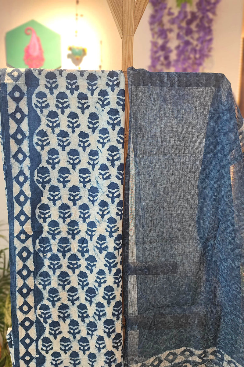 Pure Cotton Blue and White Block Print Suit Set with Cotton Bottom & Kota Doria Dupatta