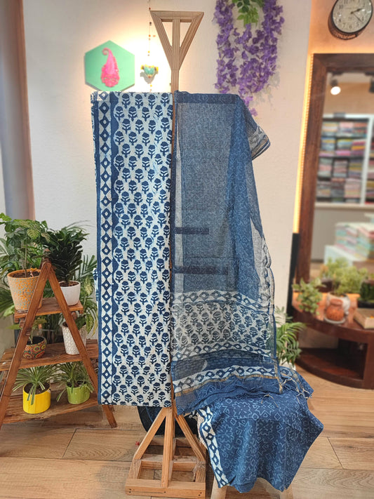 Pure Cotton Blue and White Block Print Suit Set with Cotton Bottom & Kota Doria Dupatta